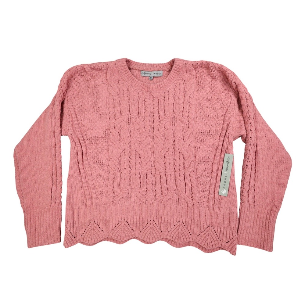 Absolutely Famous Chenille Cable Knit Sweater Womens XL Pink Scalloped Hem NEW